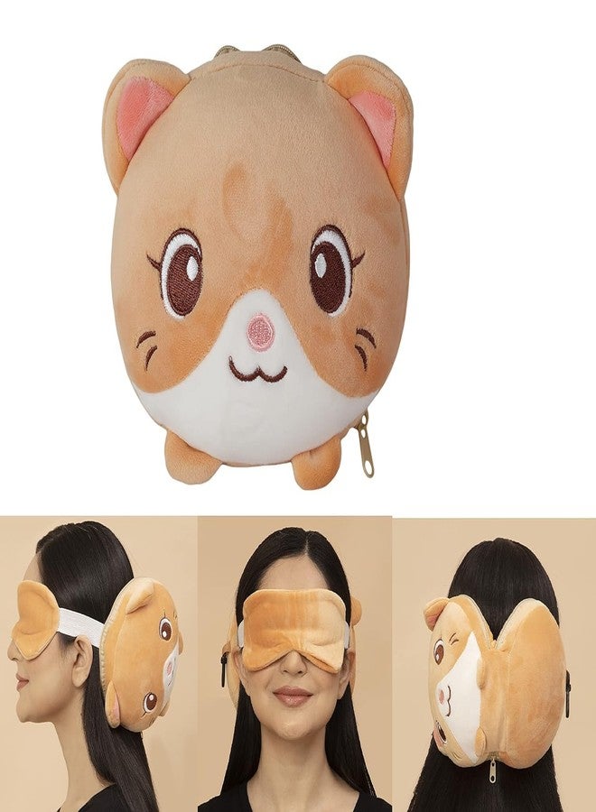 Pixelera Cute Plush Cat Travel Pillow and Eye Mask Set, Foldable Neck Support Cushion, Soft Cotton Blend, Beige and White, for Car Train Flight Sleep - Image 2